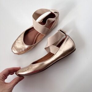 Corso Como Gold Metallic Leather Ballet Flats Elastic Ankle Strap Womens Size 8